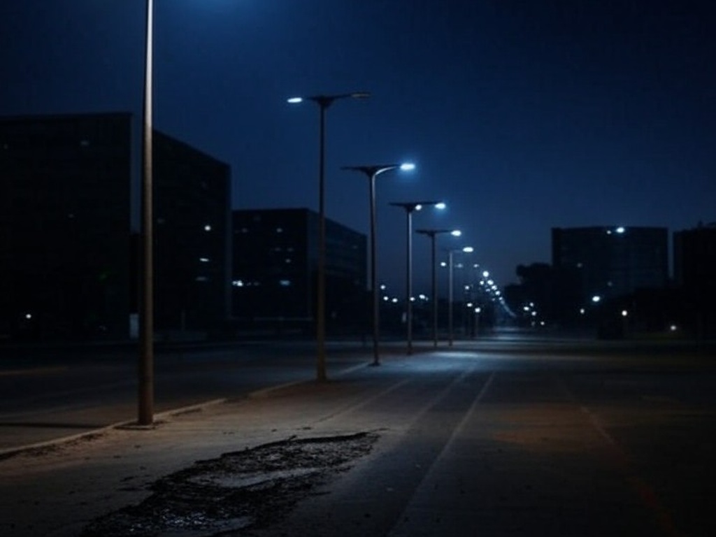 Rua noturna mal iluminada em Brasília, expondo negligência histórica em segurança pública no Distrito Federal.