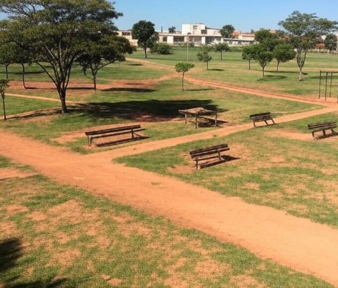 Vista do Parque Urbano Denner no Guará II, com áreas verdes e estruturas de lazer, representando aprovação de plano de reforma pela Seduh-DF.