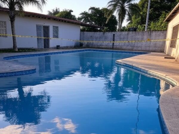 Piscina vazia em residência no Núcleo Bandeirante, DF, representando local de afogamento fatal de idoso.