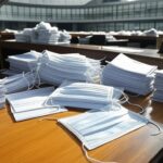 Edifício da CLDF em Brasília com fitas de isolamento e itens médicos abandonados, expondo falhas e corrupção no sistema de saúde do DF.