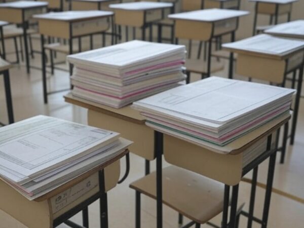 Sala de aula em escola de Brasília com pilhas de documentos burocráticos e kits de robótica não utilizados, representando lei aprovada pela CLDF com críticas de ineficácia.