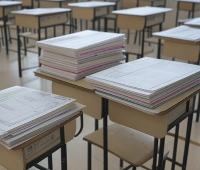 Sala de aula em escola de Brasília com pilhas de documentos burocráticos e kits de robótica não utilizados, representando lei aprovada pela CLDF com críticas de ineficácia.
