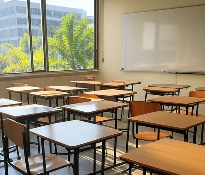 Sala de aula vazia em universidade brasileira representando processo seletivo do Sisu e Enem.