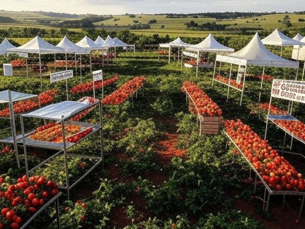 Feira do Trabalho e do Campo em Brazlândia com estandes de vagas de emprego e capacitações gratuitas em ambiente rural brasileiro.