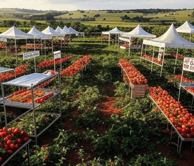 Feira do Trabalho e do Campo em Brazlândia com estandes de vagas de emprego e capacitações gratuitas em ambiente rural brasileiro.