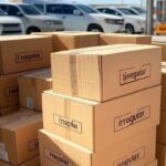 Mercadorias irregulares apreendidas por auditores no DF, caixas empilhadas em armazém de Brasília.