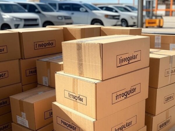 Mercadorias irregulares apreendidas por auditores no DF, caixas empilhadas em armazém de Brasília.