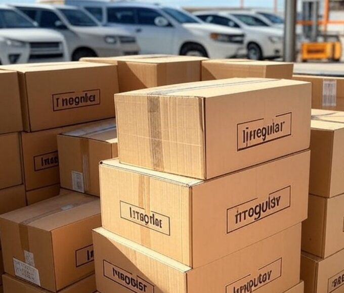 Mercadorias irregulares apreendidas por auditores no DF, caixas empilhadas em armazém de Brasília.