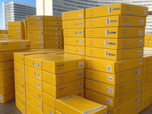 Caixas de vacinas contra febre amarela em centro de distribuição em Brasília, Distrito Federal, para conter risco de surto.