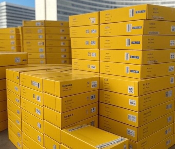 Caixas de vacinas contra febre amarela em centro de distribuição em Brasília, Distrito Federal, para conter risco de surto.