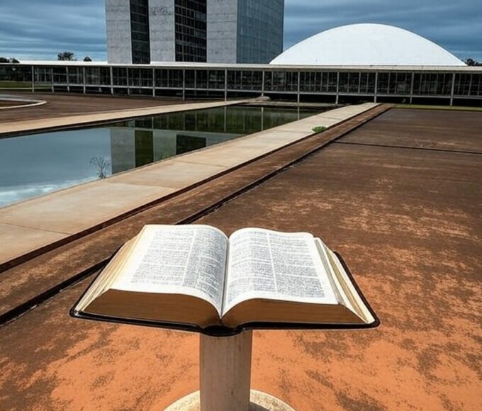 Bíblia elevada a patrimônio cultural em Brasília, ignorando laicidade pela CLDF, com Congresso Nacional ao fundo.