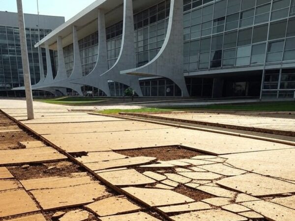 Calçada irregular e rampas quebradas em prédio governamental de Brasília, expondo negligência em acessibilidade para deficientes e autistas no DF.