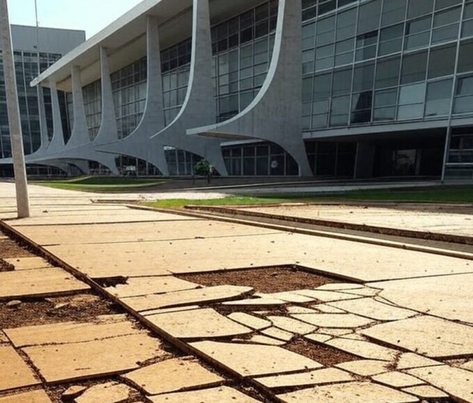 Calçada irregular e rampas quebradas em prédio governamental de Brasília, expondo negligência em acessibilidade para deficientes e autistas no DF.