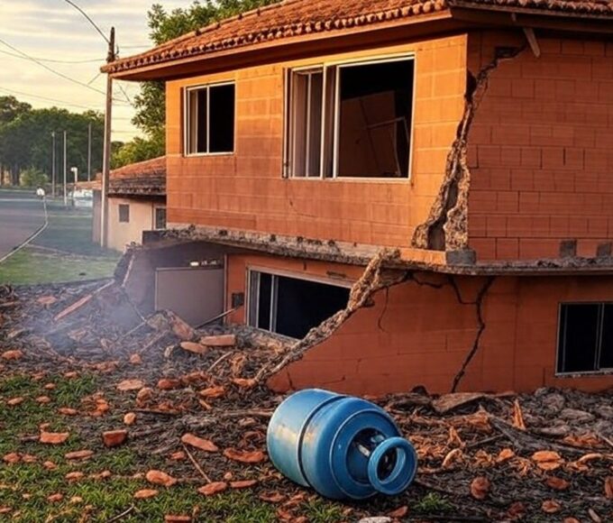 Residência em Ceilândia danificada por explosão de botijão de gás, com fumaça e destroços.