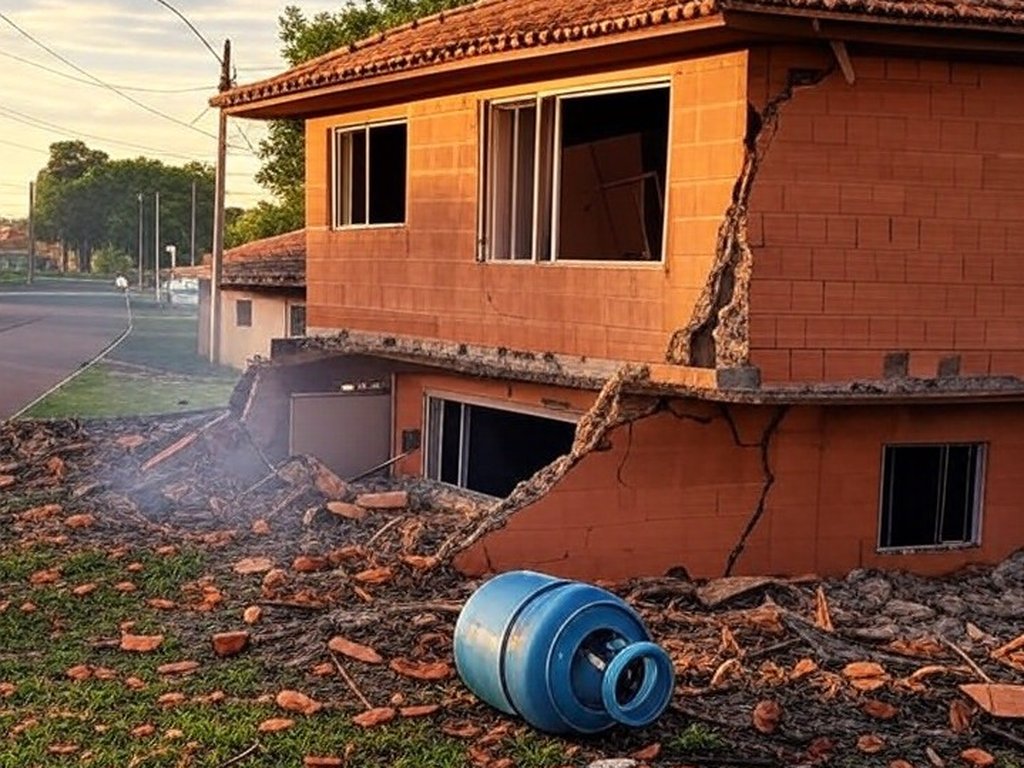 Residência em Ceilândia danificada por explosão de botijão de gás, com fumaça e destroços.