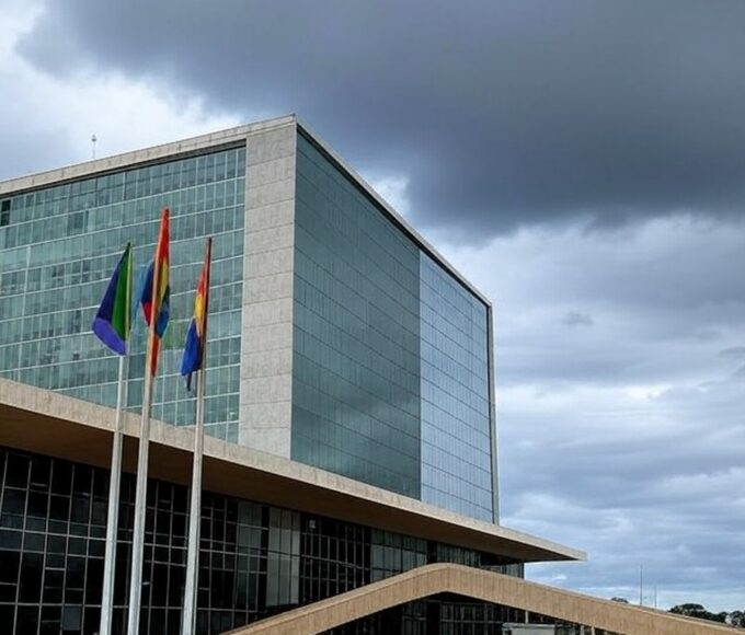 Edifício da CLDF em Brasília com bandeiras arco-íris sob céu nublado, representando programa para LGBTQIAPN+ com críticas de atraso.