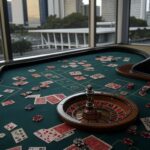 Edifício governamental em Brasília com símbolos de jogos de azar como cartas e dados, ilustrando estudo sobre impactos no DF.