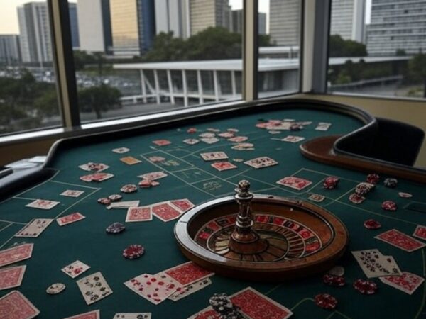 Edifício governamental em Brasília com símbolos de jogos de azar como cartas e dados, ilustrando estudo sobre impactos no DF.