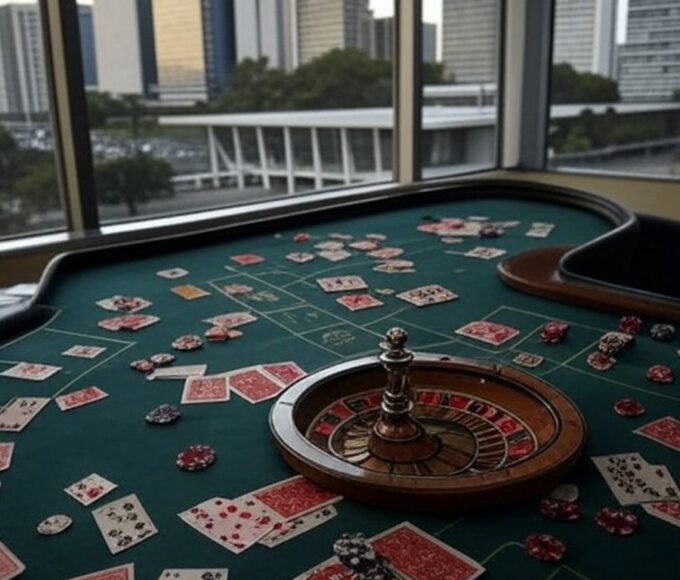 Edifício governamental em Brasília com símbolos de jogos de azar como cartas e dados, ilustrando estudo sobre impactos no DF.