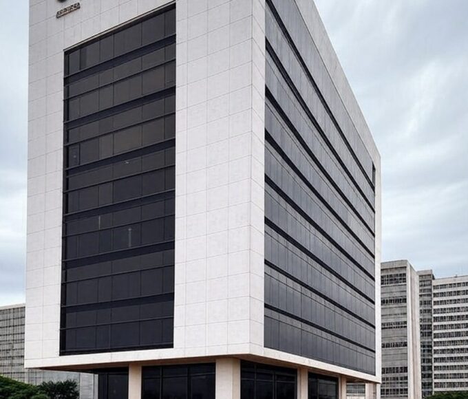 Edifício da Caesb em Brasília com papéis de resultados de concurso espalhados, simbolizando frustração de candidatos.