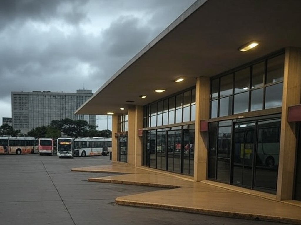 Estação de ônibus em Brasília com veículos parados, simbolizando lei de transparência no transporte público em meio a críticas por opacidade.