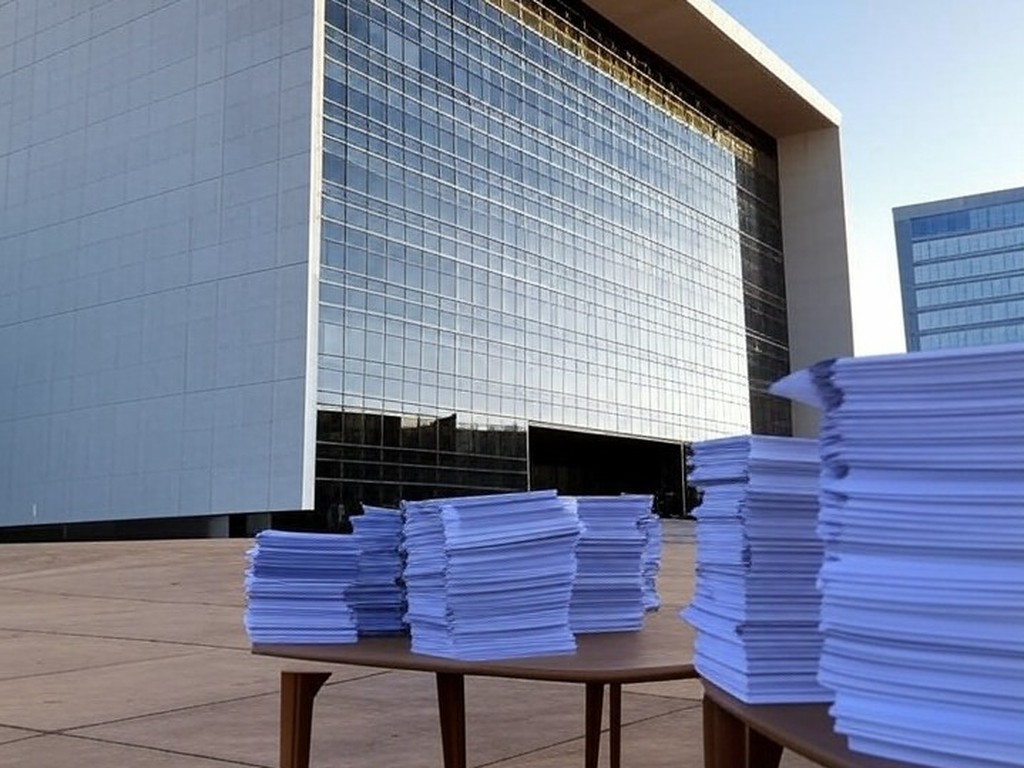 Fachada do TJDFT em Brasília com pilhas de processos judiciais, representando julgamento de 607 mil casos e alta demanda.
