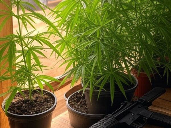 Plantas de maconha e arma falsa apreendidas em casa em Itapoã, com viatura da Polícia Militar ao fundo.