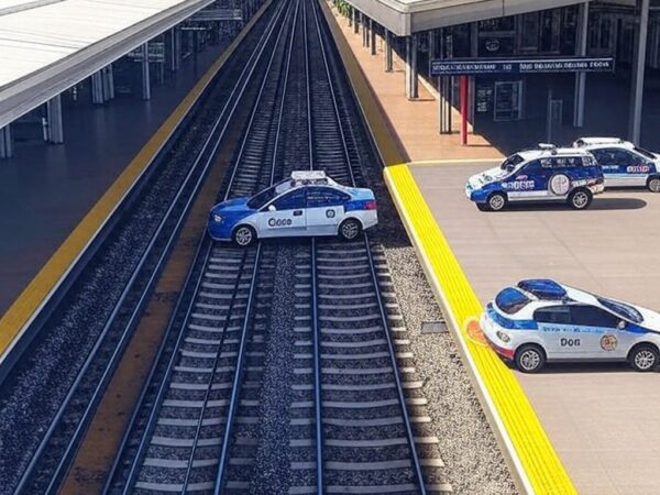 Estação de metrô no DF com viaturas policiais, representando prisão por lesão corporal.