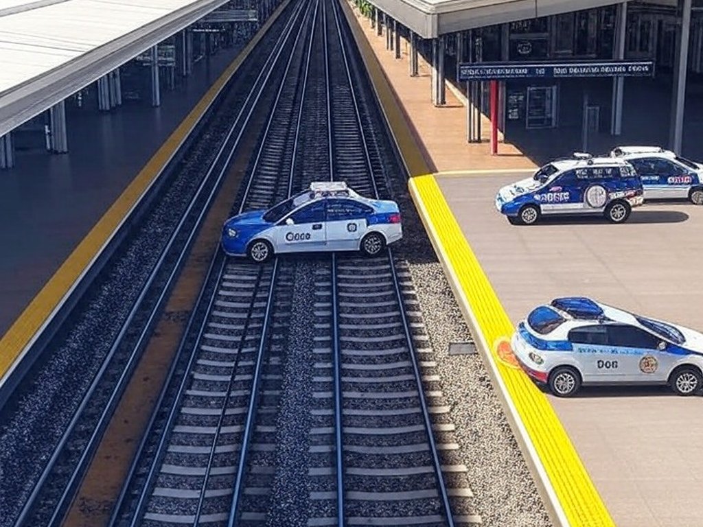 Estação de metrô no DF com viaturas policiais, representando prisão por lesão corporal.