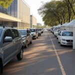 Veículos e tendas do GDF em operação de acolhimento no Plano Piloto de Brasília.