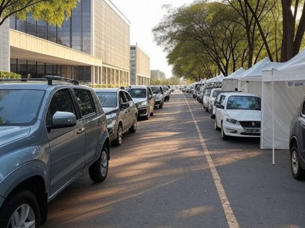 Veículos e tendas do GDF em operação de acolhimento no Plano Piloto de Brasília.