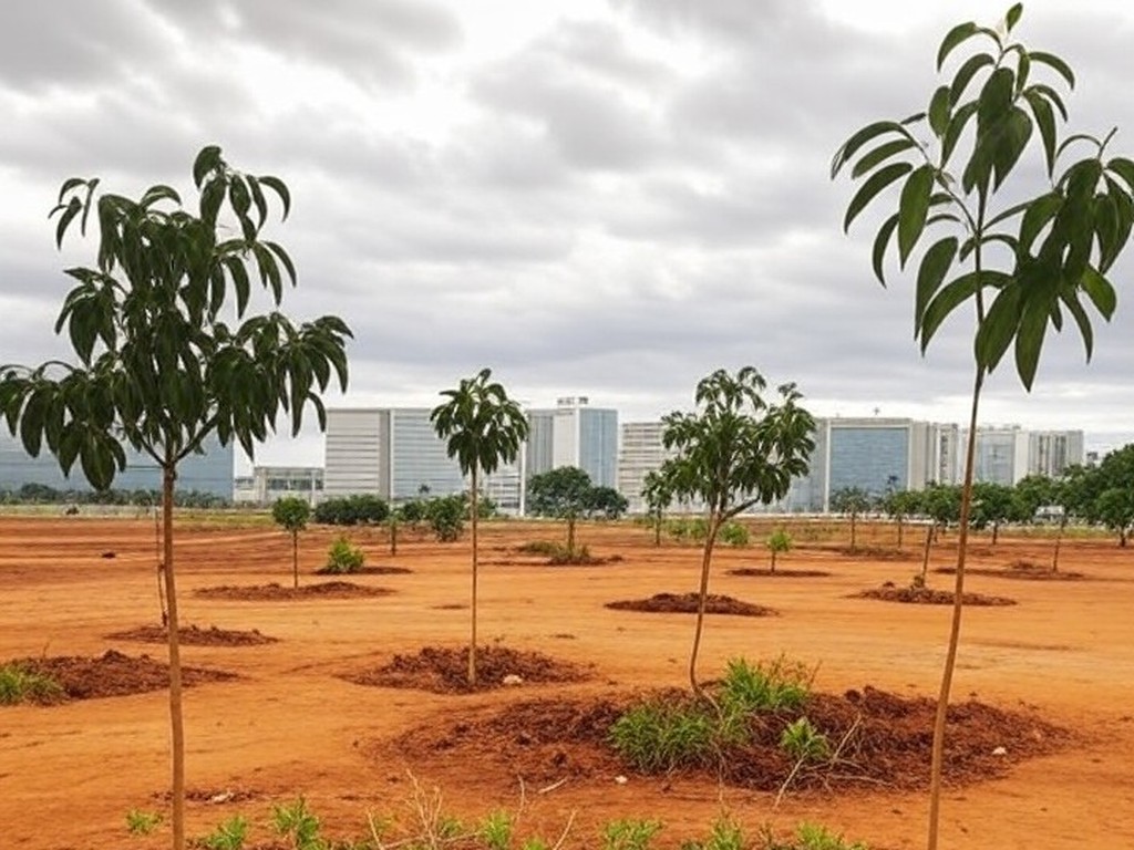 Vista de desigualdades ambientais no DF, com bairro periférico seco e área central arborizada em Brasília.
