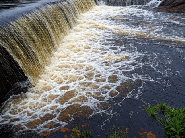 Reservatório do Descoberto transbordando, elevando risco de inundações no Distrito Federal, com água jorrando sobre a barragem e paisagem do Cerrado.