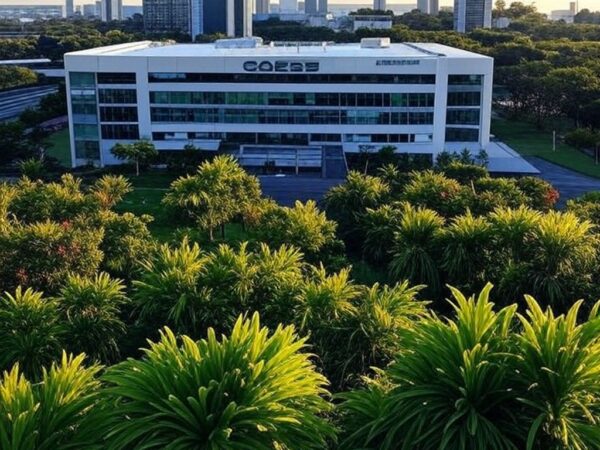 Edifício da Caesb em Brasília com pilhas de documentos simbolizando frustração por resultados provisórios de concurso e lentidão.