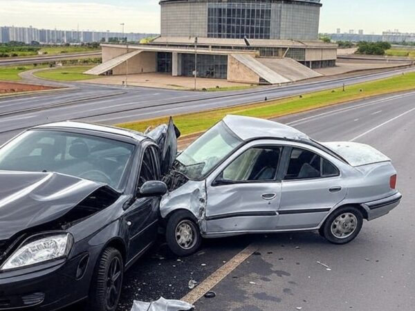 Cena de colisão entre moto e carro com veículos danificados em frente ao Teatro Nacional em Brasília.