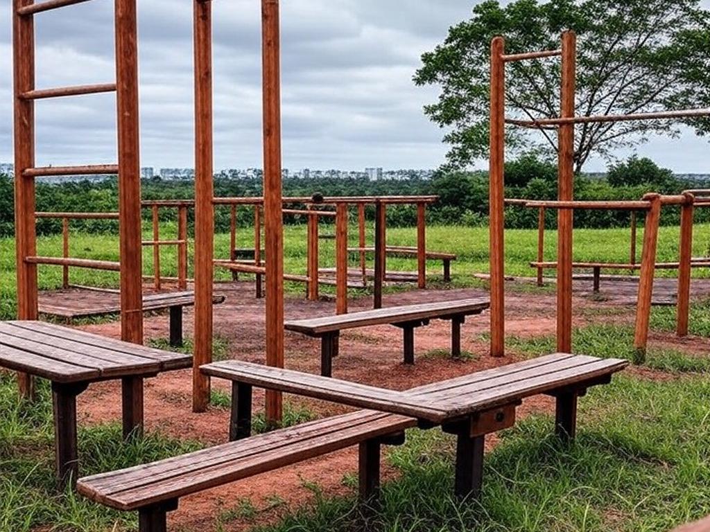 Academia ao ar livre para idosos em parque de Brasília, com equipamentos simples e desgastados, destacando insuficiência da medida aprovada pela CLDF.