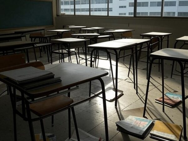 Prédio escolar em Brasília com livros espalhados, representando lei que reduz mandatos e ameaça estabilidade no DF.