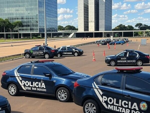 Viaturas da Polícia Militar do DF na Praça dos Três Poderes, em esquema de segurança para manifestações.