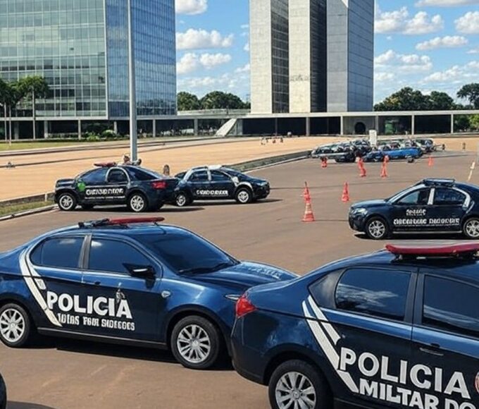 Viaturas da Polícia Militar do DF na Praça dos Três Poderes, em esquema de segurança para manifestações.