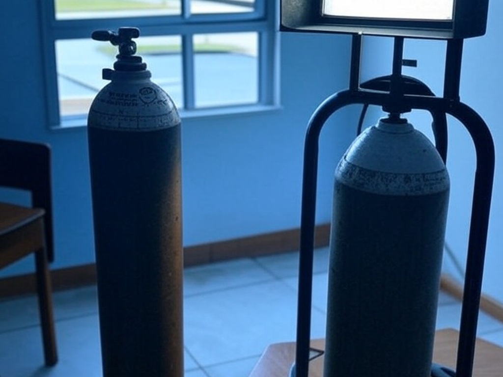 Cilindro de oxigênio desgastado e conta de energia em casa no DF, ilustrando falhas no sistema de saúde brasileiro.