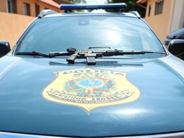Viatura da PMDF com carabina apreendida em rua de Ceilândia após denúncia de ameaças.