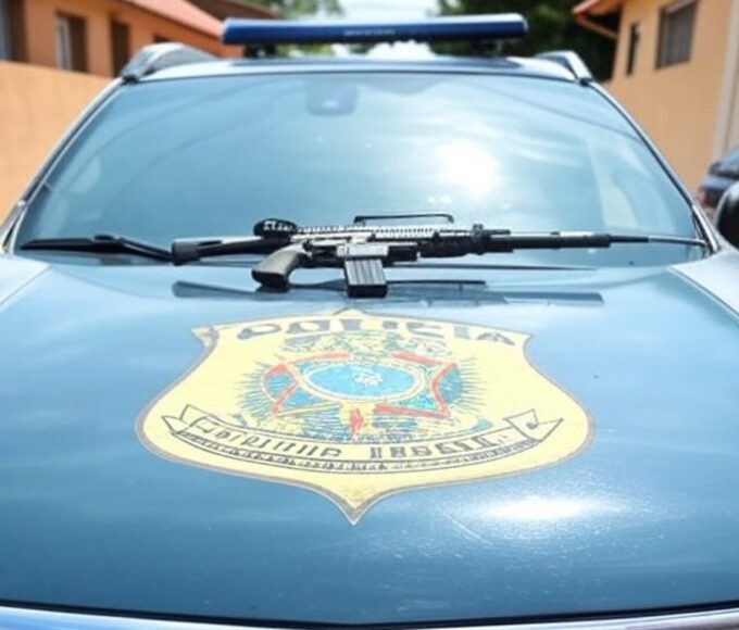 Viatura da PMDF com carabina apreendida em rua de Ceilândia após denúncia de ameaças.