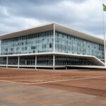 Edifício da Câmara Legislativa do DF em Brasília sob céu nublado, simbolizando lei contra trabalho escravo no Brasil.