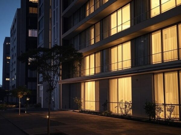 Fachada noturna de hotel social em Brasília, simbolizando acolhimento para pessoas em situação de rua.