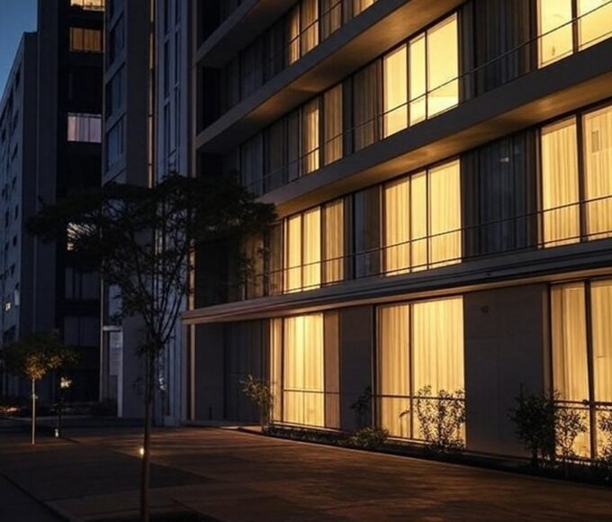 Fachada noturna de hotel social em Brasília, simbolizando acolhimento para pessoas em situação de rua.