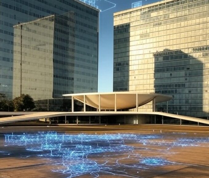 Vista de Brasília com elementos de IA representando projeto de inovação em negócios no DF.