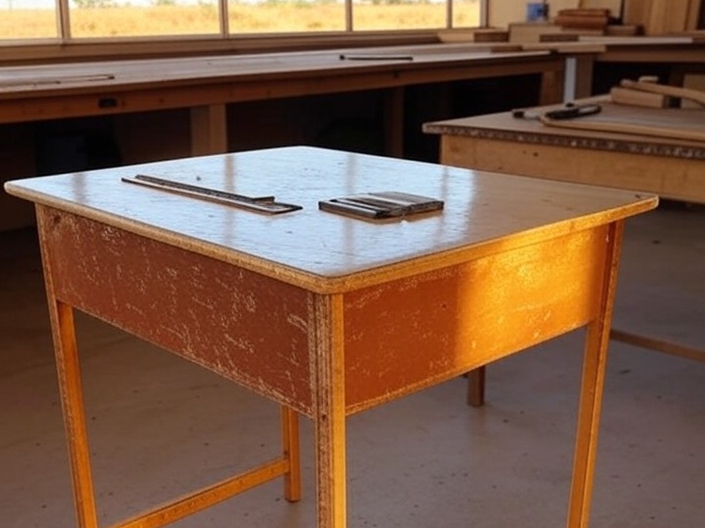 Carteiras escolares em reforma em oficina no DF para ressocialização de reeducandos.