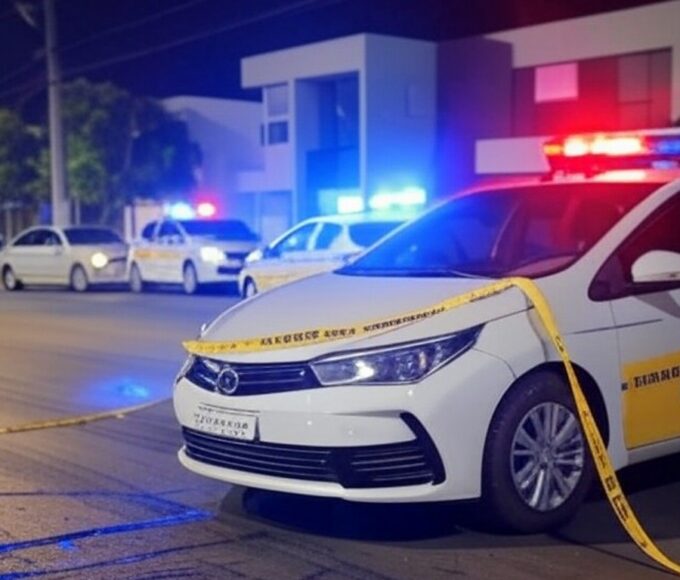 Cena de perseguição policial no Lago Norte com viaturas da PMDF e fita de isolamento em rua residencial.