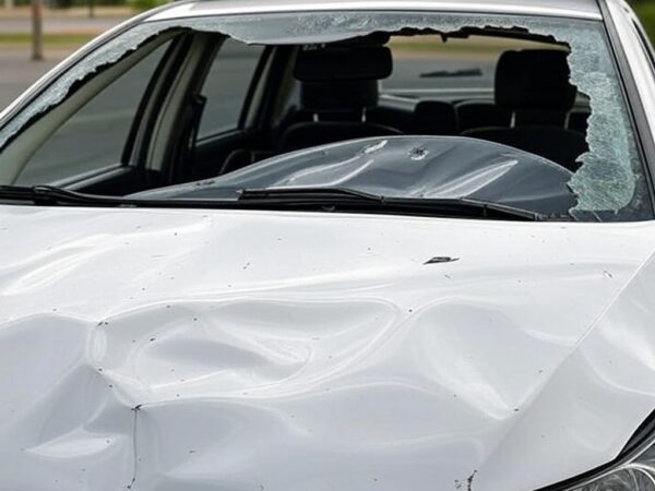 Viatura oficial danificada da Polícia Militar em Brasília, representando ônus aos cofres públicos por lei de reparos.