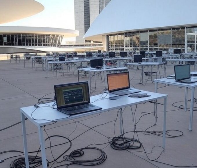 Centro comunitário em Brasília com equipamentos de tecnologia para oficinas de inclusão digital.